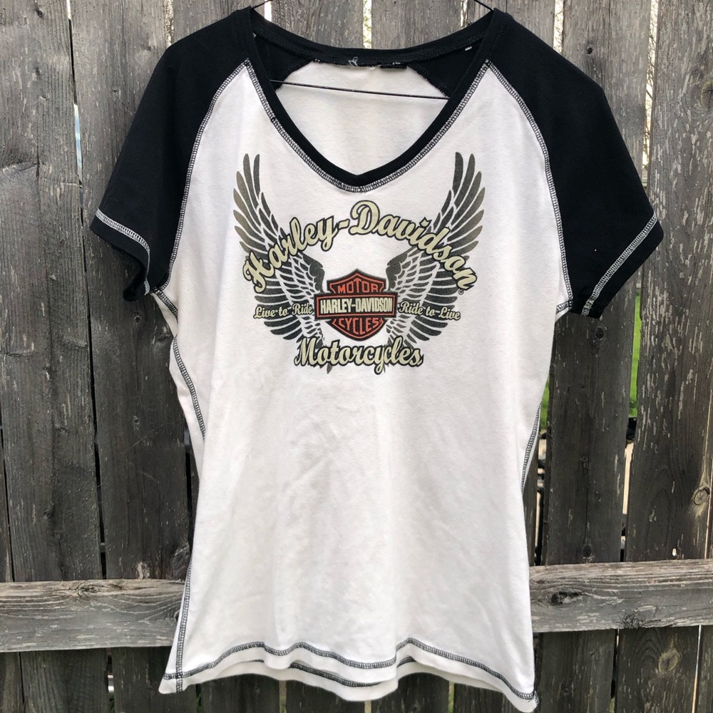 Harley-Davidson Black & White V-Neck Raglan Tee with Winged Logo
